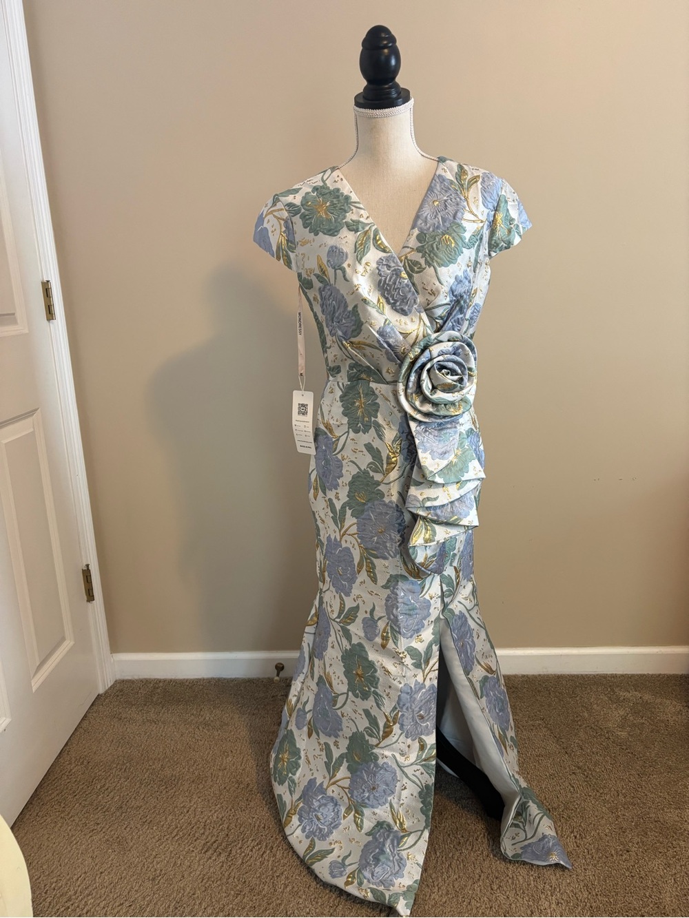 Floral V-Neck Evening Dress with Rosette Detail - Blue/Green